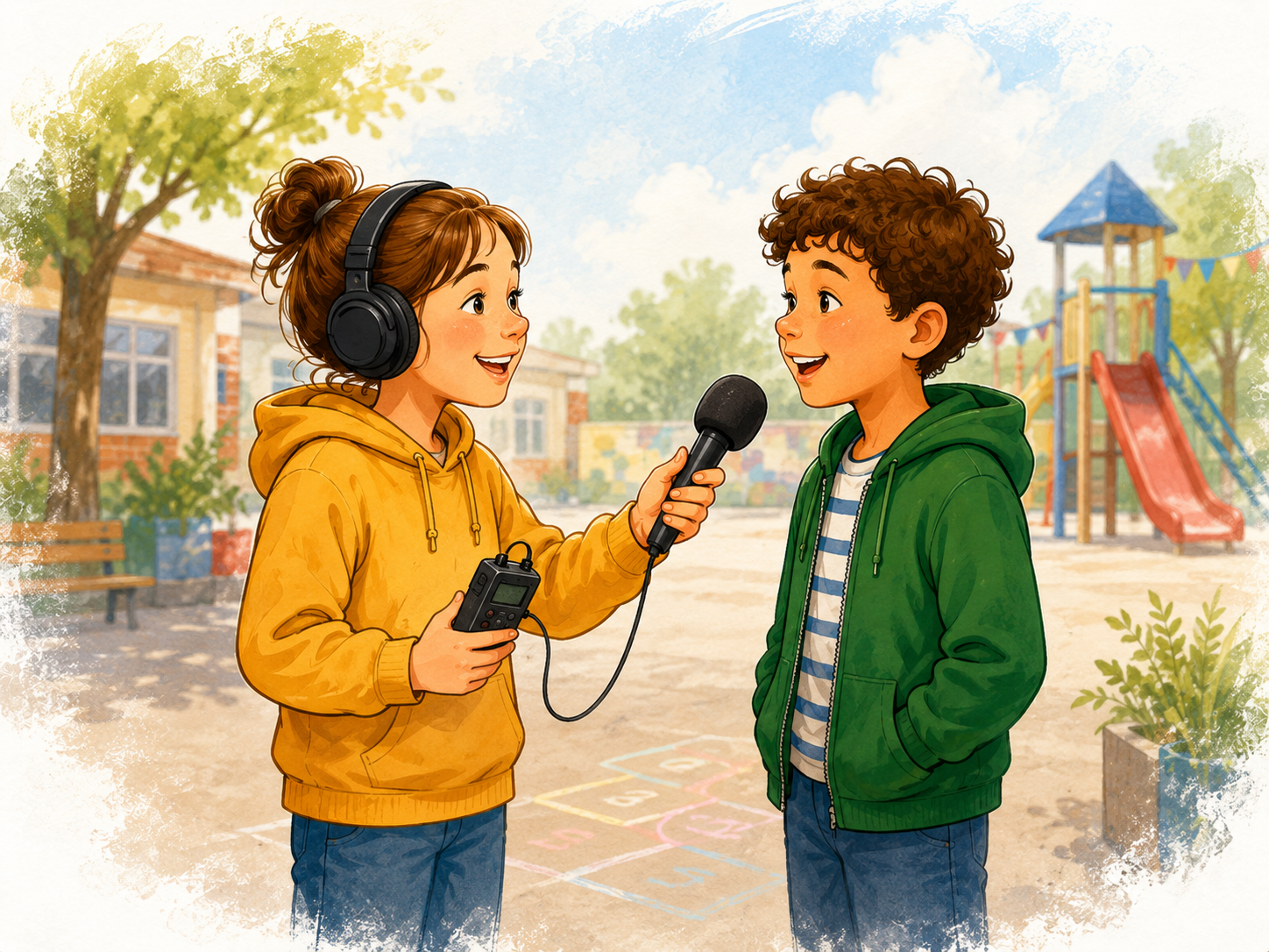 Ein Kind interviewt ein anderes Kind auf einem Hof mit Mikrofon und Aufnahmegerät