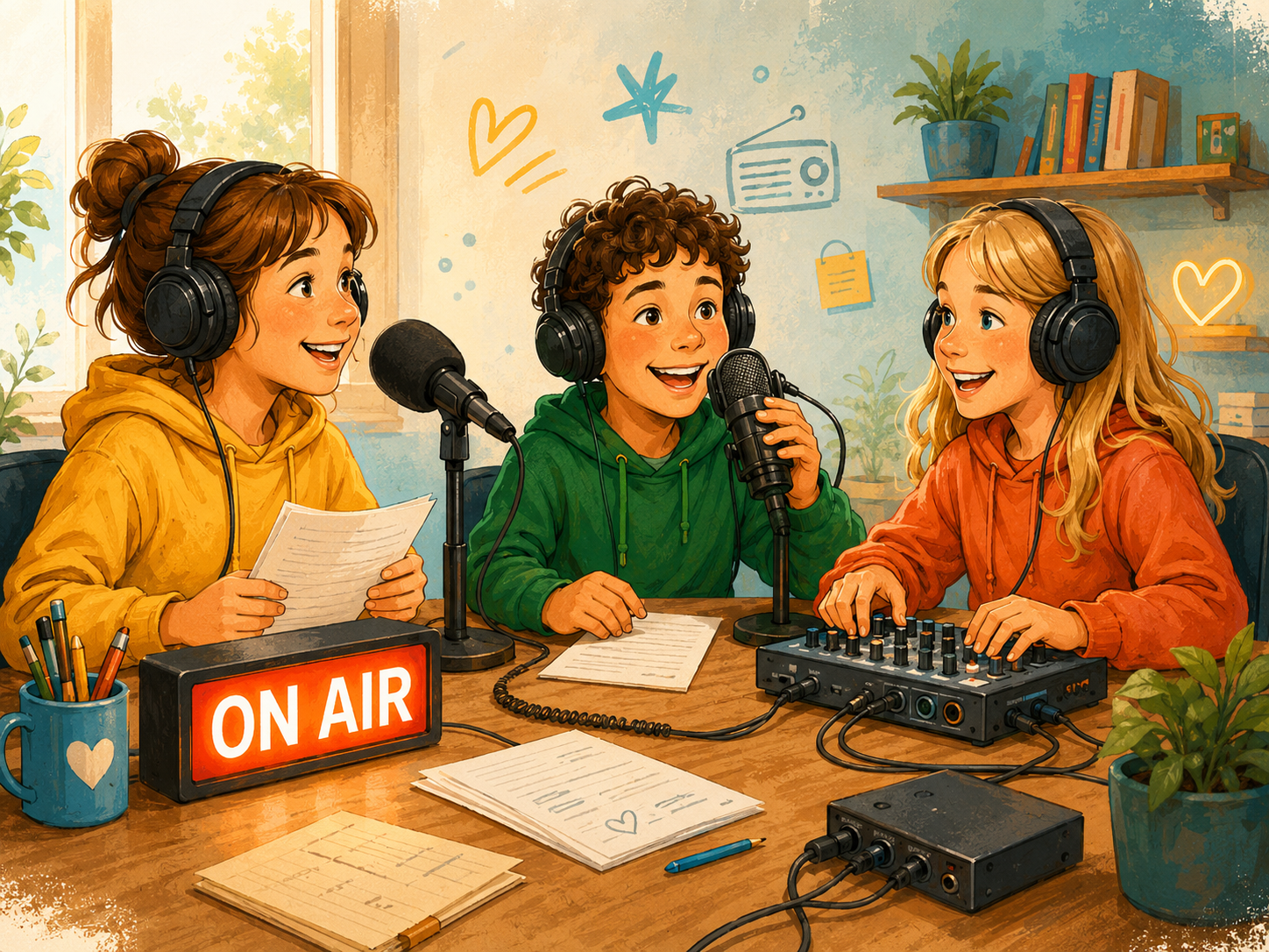 Drei Kinder sitzen mit Kopfhörern, Mikrofonen und On-Air-Schild an einem Radiotisch