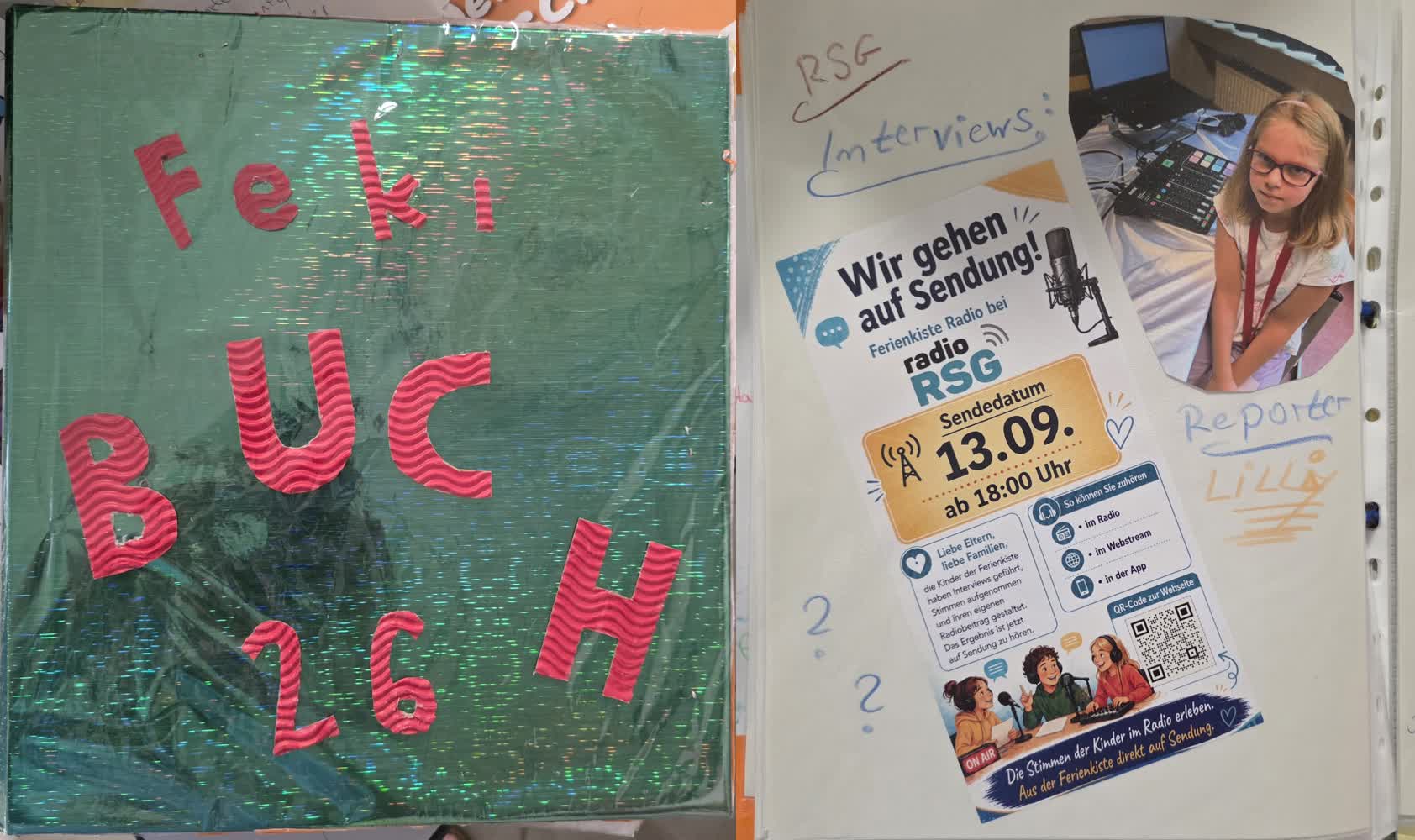 Zwei Seiten aus dem Feki-Buch der Radio Ferienkiste 2026 liegen nebeneinander und zeigen den Weg zur Sendung