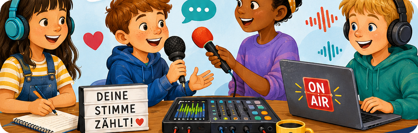 Kinder gestalten im Radiostudio gemeinsam eine Sendung