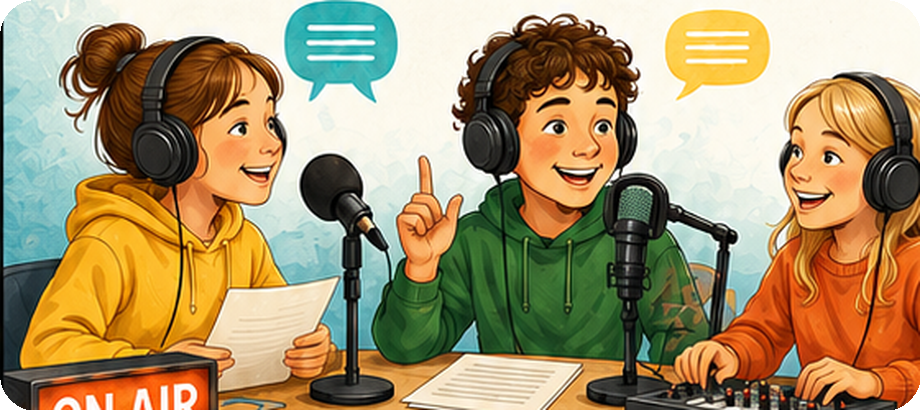 Kinder arbeiten mit Mikrofonen und Kopfhörern an einem Radiobeitrag