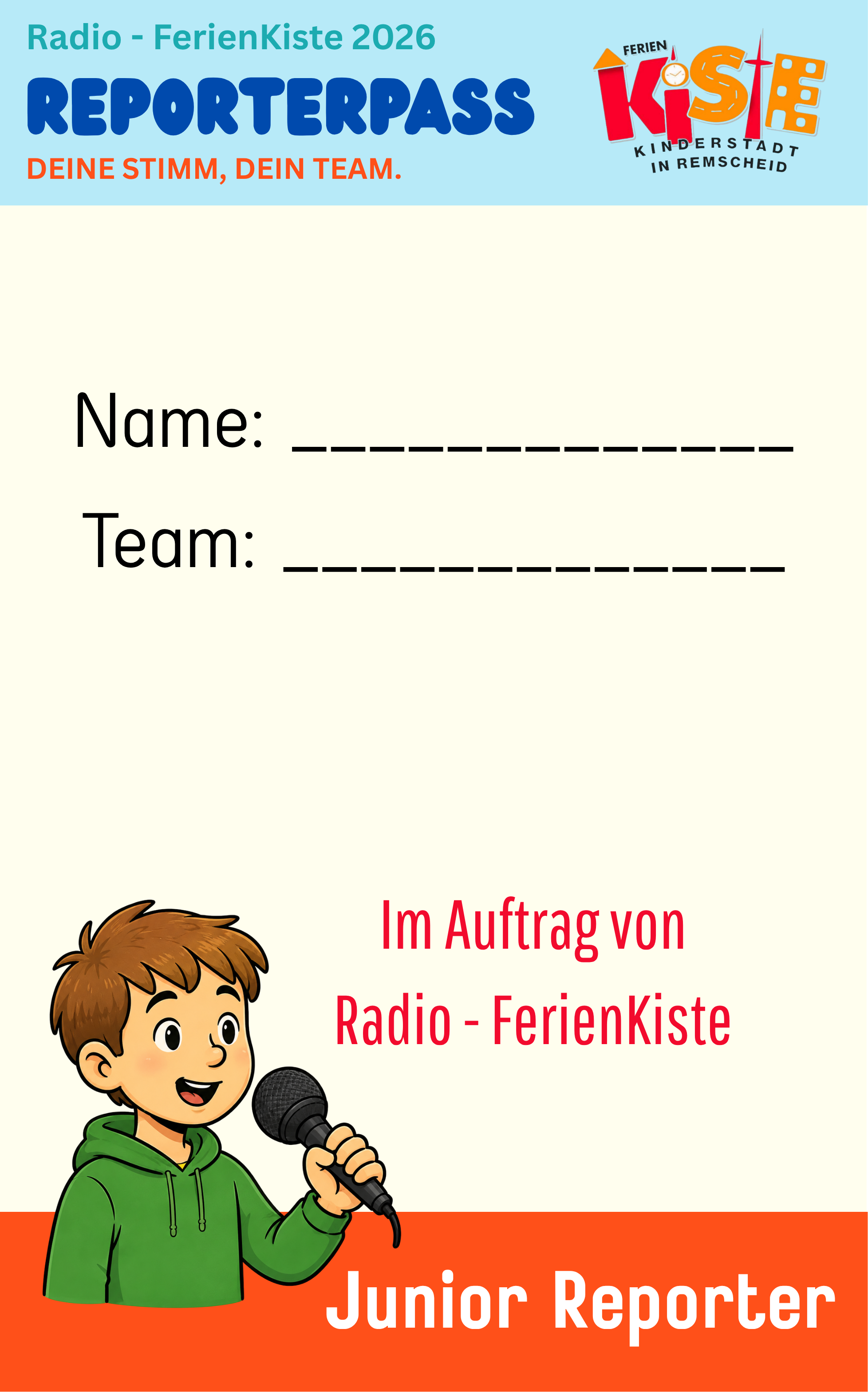Reporterpass Radio FerienKiste 2026 mit Name- und Teamfeld